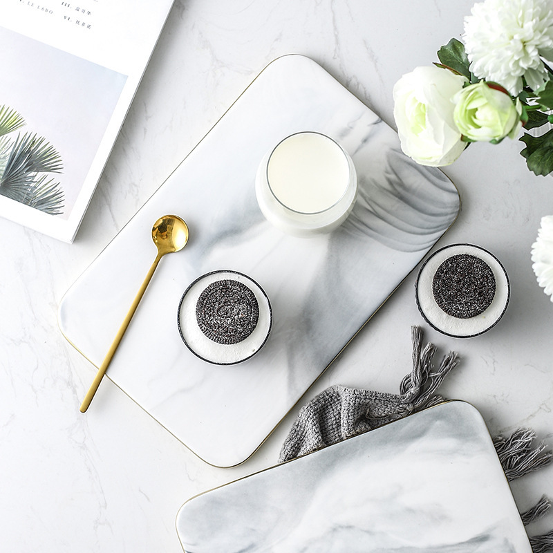 Marble Serving Board - Altın Kenarlı Mermer Seramik Kesme Tahtası,